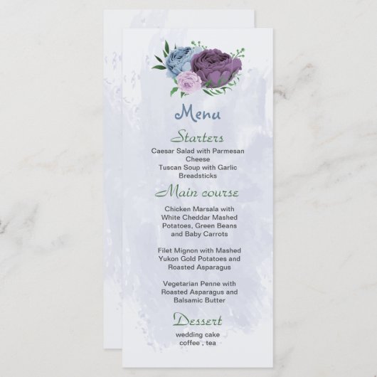 Paarse stoffige blauwe bloemen groene bladeren bru menu (Voorkant / Achterkant)