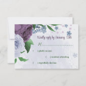 Paarse stoffige blauwe bloemen groene bladeren bru RSVP kaartje (Voorkant)