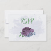 Paarse stoffige blauwe bloemen groene bladeren bru RSVP kaartje (Achterkant)