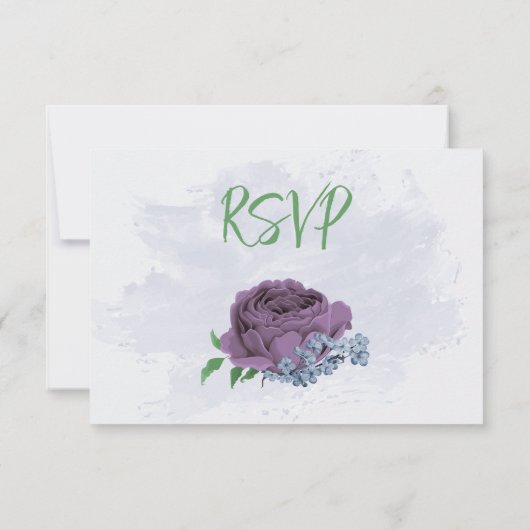 Paarse stoffige blauwe bloemen groene bladeren bru RSVP kaartje (Achterkant)