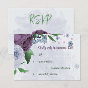 Paarse stoffige blauwe bloemen groene bladeren bru RSVP kaartje