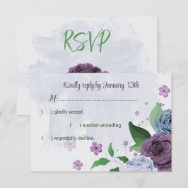 Paarse stoffige blauwe bloemen groene bladeren bru RSVP kaartje