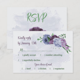 Paarse stoffige blauwe bloemen groene bladeren bru RSVP kaartje