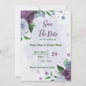 Paarse stoffige blauwe bloemen groene bladeren bru save the date (Voorkant)