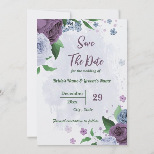 Paarse stoffige blauwe bloemen groene bladeren bru save the date (Voorkant)