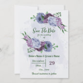Paarse stoffige blauwe bloemen groene bladeren bru save the date (Voorkant)