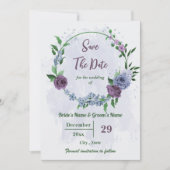 Paarse stoffige blauwe bloemen groene bladeren bru save the date (Voorkant)