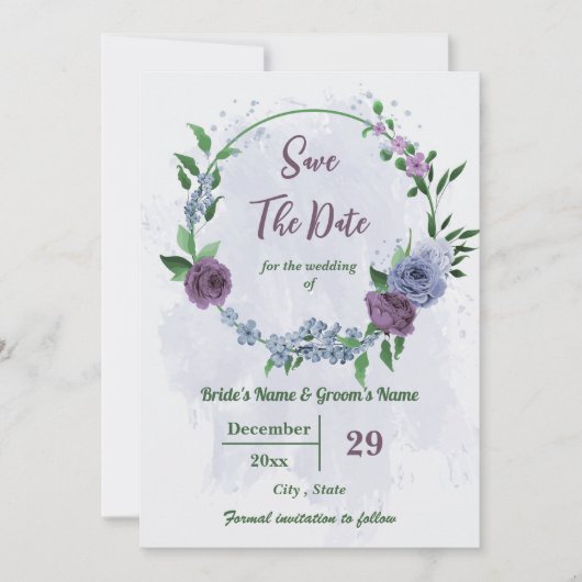 Paarse stoffige blauwe bloemen groene bladeren bru save the date (Voorkant)