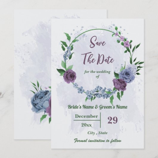 Paarse stoffige blauwe bloemen groene bladeren bru save the date (Voorkant / Achterkant)