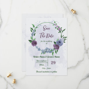 Paarse stoffige blauwe bloemen groene bladeren bru save the date