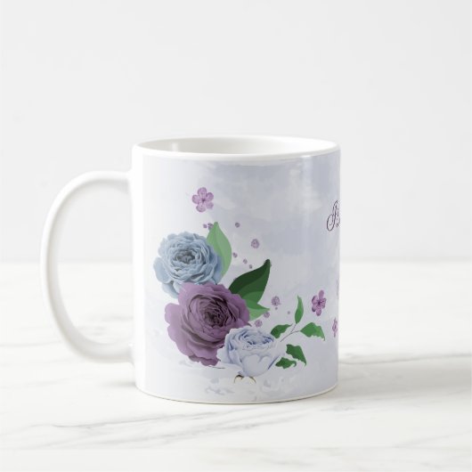 Paarse stoffige blauwe bloemen koffiemok (Links)