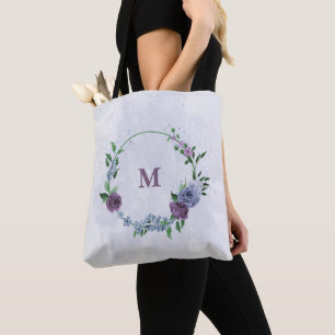 Paarse stoffige blauwe bloemen tote bag