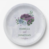 Paarse stoffige blauwe bloemenbruiloft papieren bordje (Voorkant)