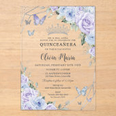 Paarse stoffige blauwe bloemenvlinders Quinceañera Acryl Uitnodigingen (Voorkant)