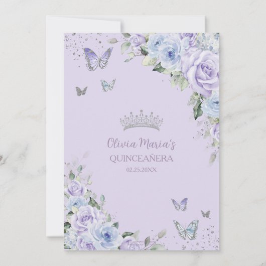 Paarse stoffige blauwe bloemenvlinders Quinceañera Kaart (Achterkant)