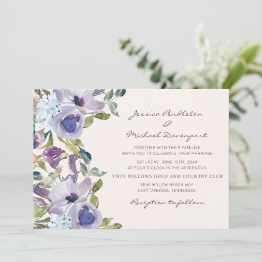 Paarse stoffige blauwe Waterverf bloemenbruiloft Kaart (Staand voorkant)