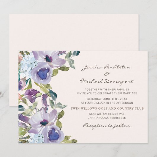 Paarse stoffige blauwe Waterverf bloemenbruiloft Kaart (Voorkant / Achterkant)