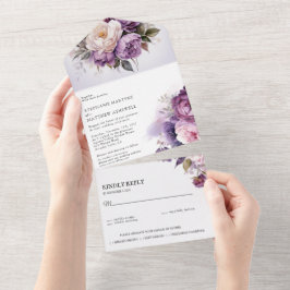 paarse Stoffige Blush Roze Bloemen Bruiloft All In One Uitnodiging