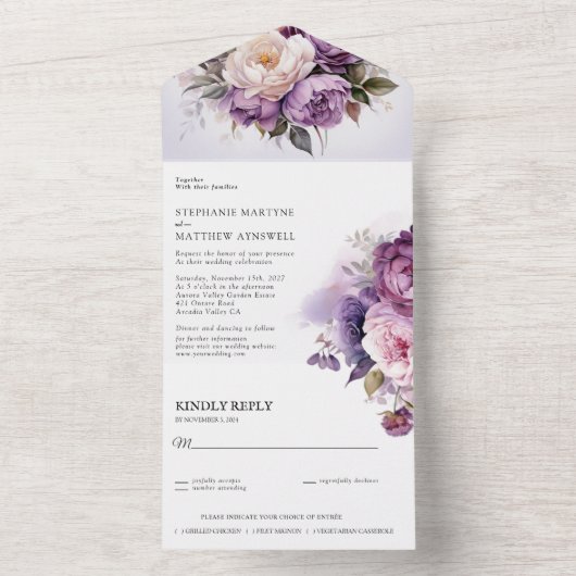 paarse Stoffige Blush Roze Bloemen Bruiloft All In One Uitnodiging (Binnen)