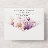 paarse Stoffige Blush Roze Bloemen Bruiloft All In One Uitnodiging (Achterkant)