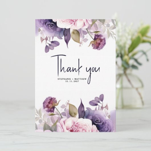 paarse Stoffige Blush Roze Bloemen Bruiloft Bedankkaart (Staand voorkant)
