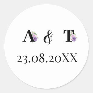 Paarse Stoffige Roos Bloemen Monogram Bruiloft Ronde Sticker