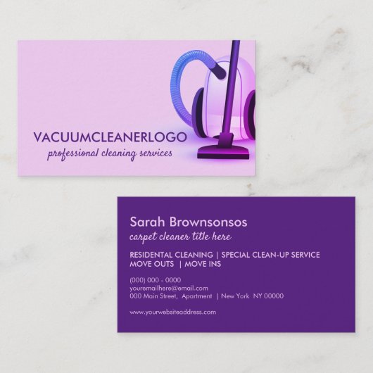 Paarse Stofzuiger Reinigingshuis Keeper Visitekaartje (Voorkant / Achterkant)