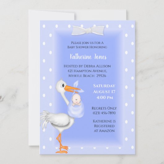 Paarse Stork en Baby Boy Shower Invitations Kaart (Voorkant)