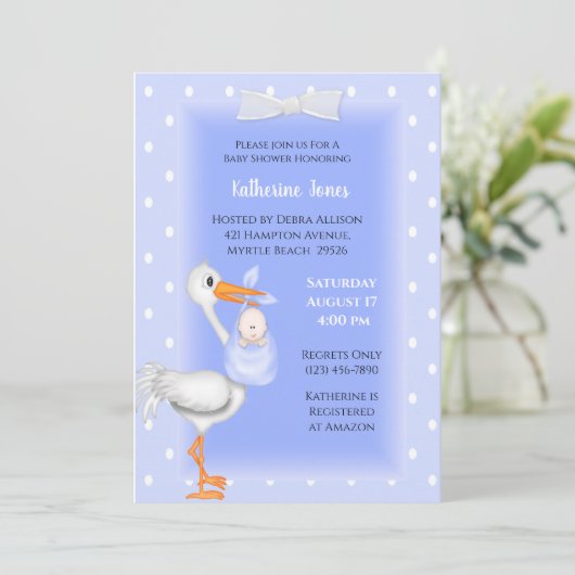 Paarse Stork en Baby Boy Shower Invitations Kaart (Staand voorkant)