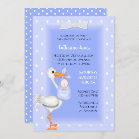 Paarse Stork en Baby Boy Shower Invitations Kaart (Voorkant / Achterkant)