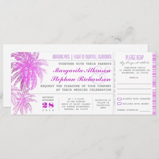 paarse strand bruiloft tickets -boarding pass kaart (Voorkant / Achterkant)
