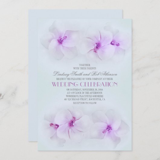paarse strand huwelijksuitnodiging met hibiscus kaart (Voorkant / Achterkant)
