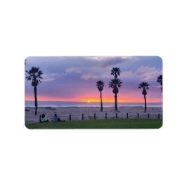 Paarse strand zonsondergang etiket