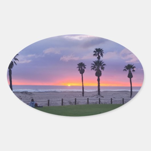 Paarse strand zonsondergang ovale sticker (Voorkant)