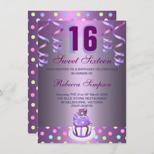Paarse Streamers & Cake Sweet 16 Verjaardag Uitnod Kaart (Voorkant / Achterkant)