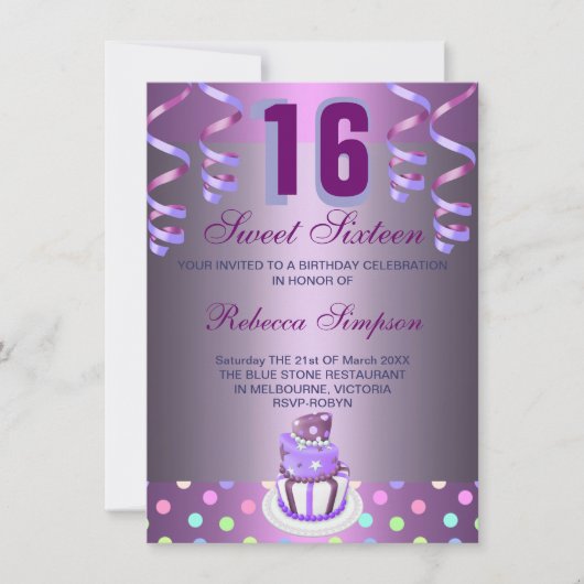 Paarse Streamers & Cake Sweet 16 Verjaardag Uitnod Kaart (Voorkant)