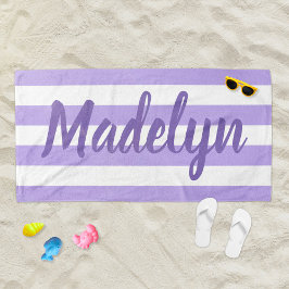 Paarse streep Script Monogram naam Strandlaken