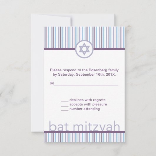Paarse Strepen Bat Mitzvah RSVP Reageer Kaart (Voorkant)