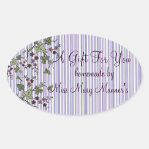 Paarse strepen & bloemen zelfgemaakt ovale sticker