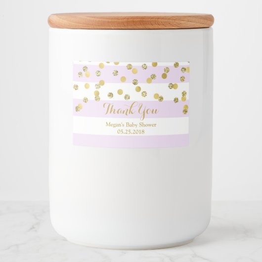 Paarse Strepen Goud Confetti Baby shower Label Voedselcontainer Etiket (Voorkant)