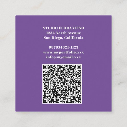 Paarse strepen met QR-code Vierkante Visitekaartje (Achterkant)