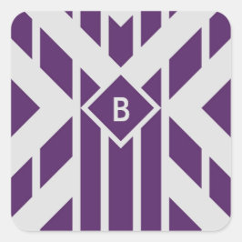 Paarse strepen op grijs met monogram vierkante sticker