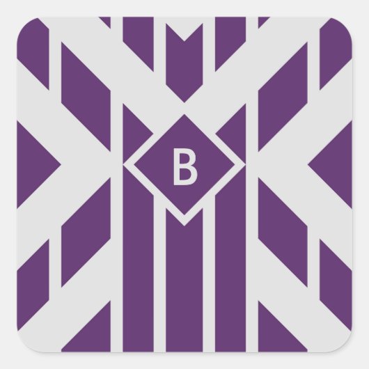 Paarse strepen op grijs met monogram vierkante sticker (Voorkant)