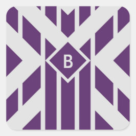 Paarse strepen op grijs met monogram vierkante sticker
