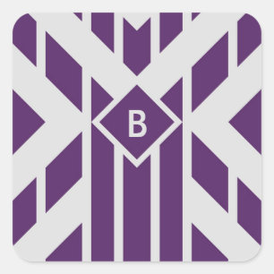 Paarse strepen op grijs met monogram vierkante sticker