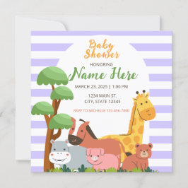 Paarse Strepen Safari Animals Baby shower Kaart