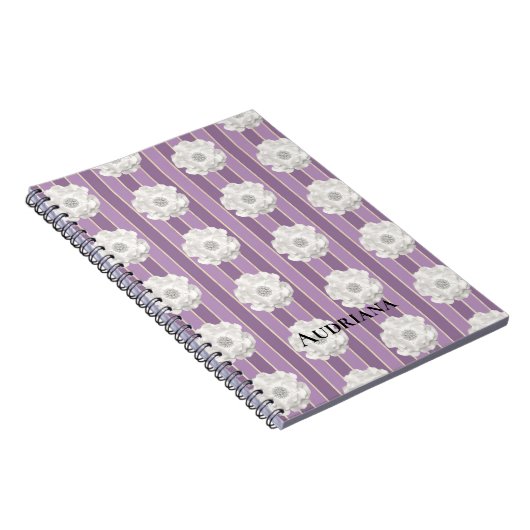 Paarse Strepen Witte Parels Bloem Notitieboek (Rechterzijde)