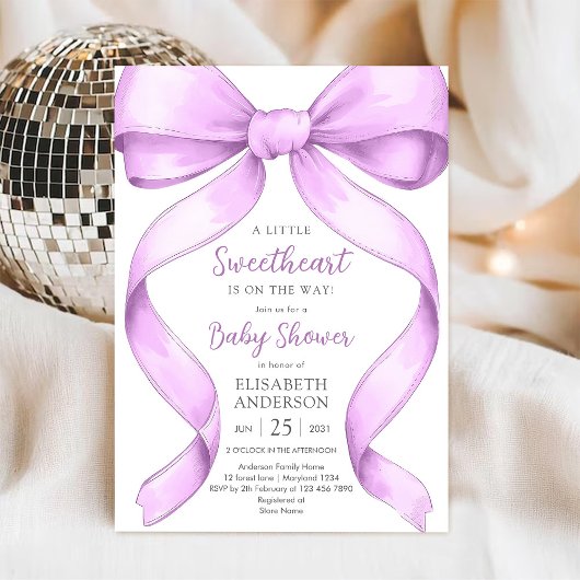 Paarse strik Coquette babyshower uitnodiging