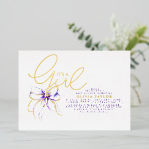 Paarse Strik Elke Moderne Meisje Baby Shower Folie Uitnodiging