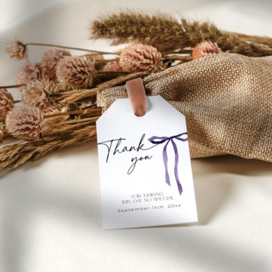Paarse strik huwelijksfeest bedankt cadeaulabel